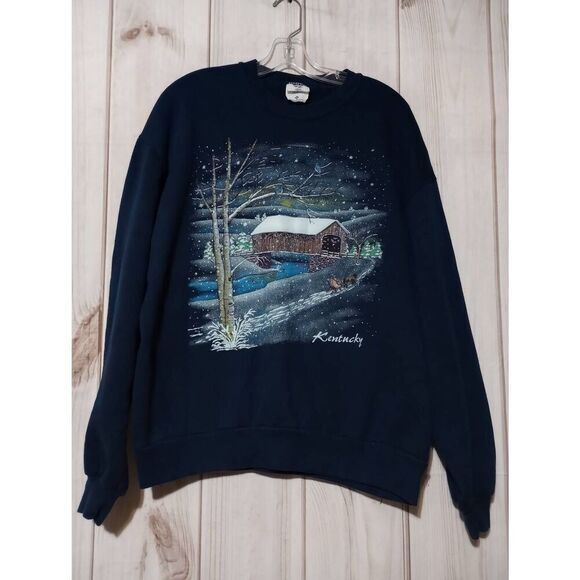 Vintage Jerzees Kentucky Winter Scene Sweatshirt Navy Blue Xl Made In Usa